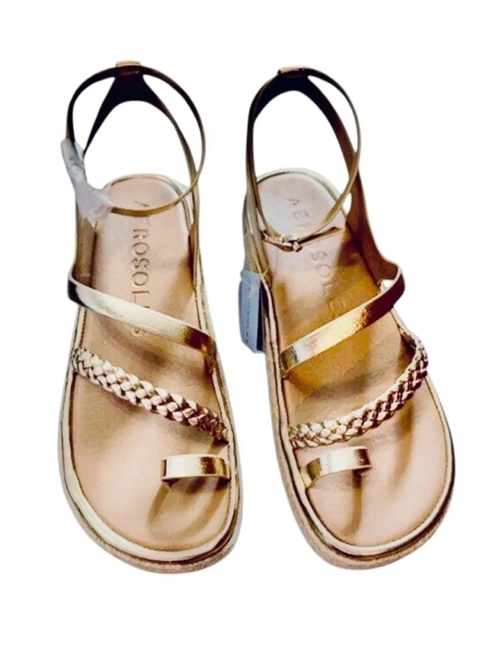 AEROSOLES Women’s Dolly Gold Faux Leather Braid Espadrille Ankle Platform Shoes